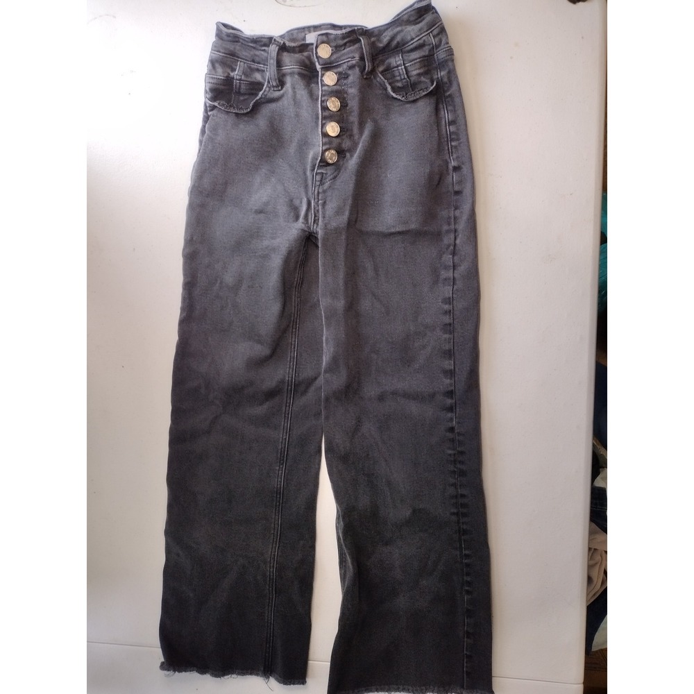 TMR Jeans High Rise Wide Leg Button Fly Black‎ Wash Frayed Hem Denim Size 25